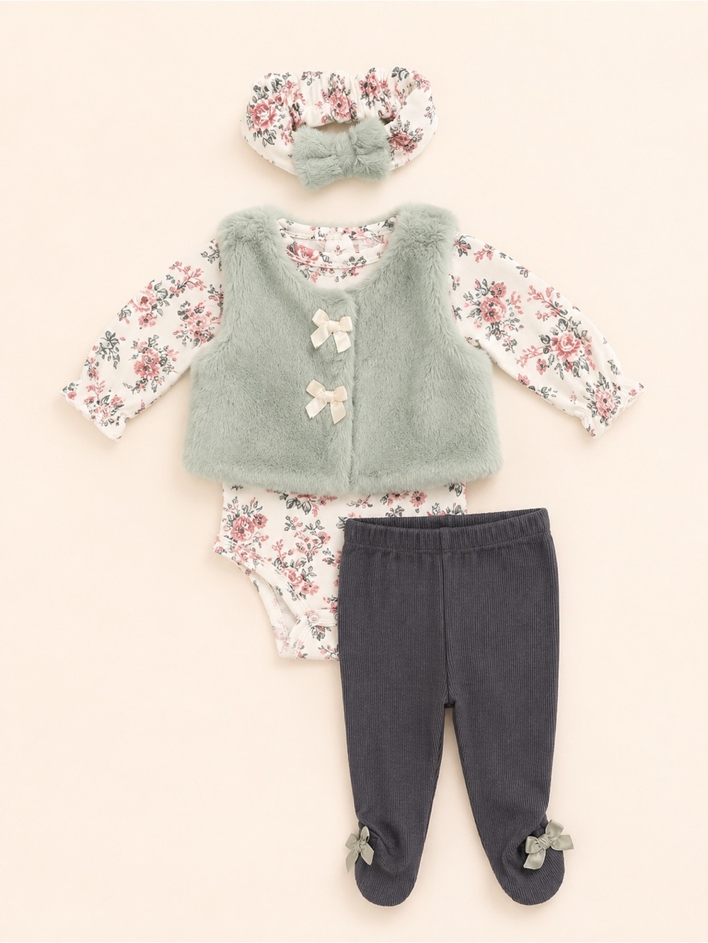 Floral & Sage Faux-Fur Baby Matching Set with Headband